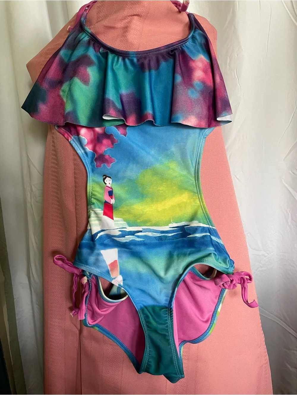 Disney Multicolor Blue & Pink Ruffle One-Piece Swimsuit